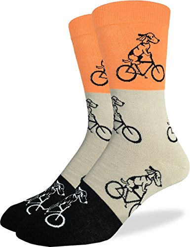 Product Cover Good Luck Sock Men's Orange Dogs Riding Bikes Crew Socks, Shoe size 7-12, Orange/Grey