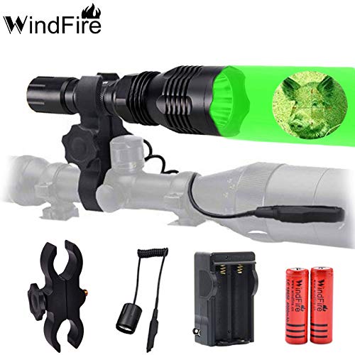 Product Cover WINDFIRE WF802 Waterproof 350 Lumens 250 Yards Green Cree LED Coyote Hog Fox Predator Varmint Hunting Light Kit with Remote Pressure Switch & Scope/Bike Mount Holder & Spare 18650 Battery and Charger