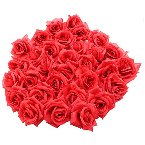 Product Cover Topixdeals Silk Cream Roses Flower Head, Artificial Flowers Heads for Wedding Flowers Accessories Make Bridal Hair Clips Headbands Dress (50pcs Red)