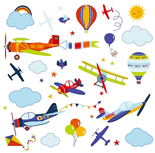 Product Cover Vintage Airplanes Nursery Kids Room Peel & Stick Wall Art Sticker Decals for Babies Infants Toddlers