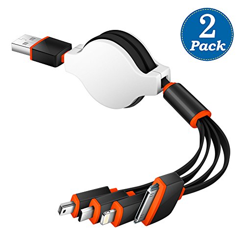 Product Cover KINGBACK Universal Multi USB Charger Cable (2 Pack), 4 in 1 Retractable Multiple USB Charging Cable Adapter Connector with Micro USB/Mini USB Ports Compatible with Phone Pad, LG, Samsung, and More