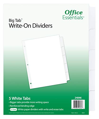 Product Cover Office Essentials Big Tab Write-On Dividers, 8-1/2 x 11, 5 Tab, White Tab, 12 Pack (24846)