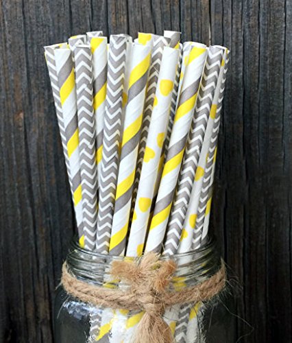 Product Cover Charmed yellow and grey paper straw mix pack of 75 in stripe, chevron and polka design