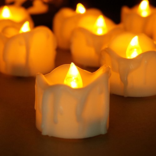 Product Cover Youngerbaby Set of 12 Amber Yellow Flickering Flameless Candles with Timer LED Tea Light Timing (6Hrs ON 18Hrs OFF), Small Wax Dripped Battery Operated Tealights for Christmas Party Thanksgiving Day