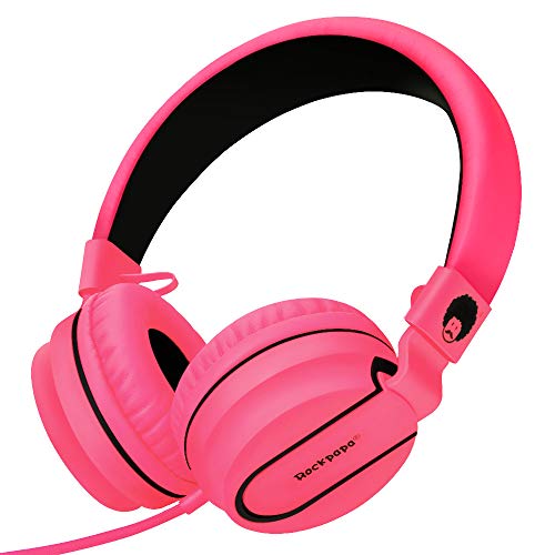Product Cover RockPapa Stereo Adjustable Foldable Headphones Lightweight Headband Headsets with Microphone 3.5mm for Cellphones Smartphones iPhone Tablets Laptop Computer Mp3/4 DVD (Black/Pink)