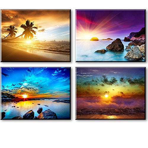 Product Cover Beach Theme Decor for Bedroom, PIY HD Beautiful Sunset Sea Wall Art, Colorful Canvas Prints Home Decorations (4 Piece 1