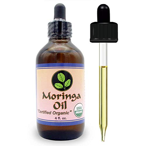Product Cover USDA Organic Moringa Seed Oil 100% Pure, Cold Pressed, Food Grade, 4 oz Amber Glass Bottle & Dropper. Use to Rejuvenate - Heals Dry Skin & Hair Benefits