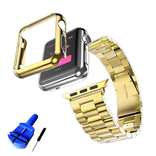Product Cover HUANLONG Compatible with Apple Watch Band, Solid Stainless Steel Metal Strap Band w/Adapter+Case Cover for Apple Watch iWatch 38mm (H Gold 38mm)