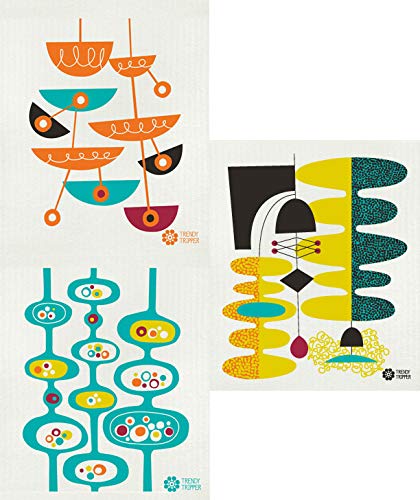 Product Cover Trendy Tripper Swedish Dishcloths, Set of 3 Mid-Century Modern Designs by Jenn Ski - (Wasabi/Blue Grass/Orange on Natural)