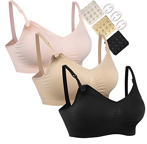 Product Cover Women's Full Cup Lightly Padded Wirefree Maternity Breastfeeding Nursing Bra,M,3PCS/Pack(Pink-Black-Beige)