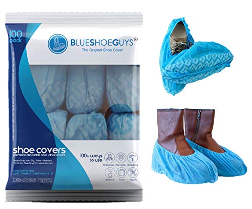 Product Cover Blue Shoe Guys 100 Pack (50 Pairs) Premium Boot & Shoe Covers, Disposable Overshoes | Durable, Water Resistant, Non-Slip, Non-Toxic, Recyclable, 100% Virgin Fabric | Stretchable One Size Fits Most