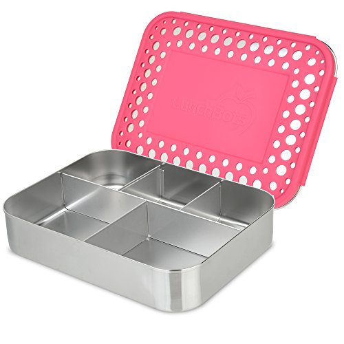 Product Cover LunchBots Bento Cinco Large Stainless Steel Food Container - Five Section Design Holds a Well-Balanced Variety of Foods - Eco-Friendly Bento Lunch Box - Dishwasher Safe and BPA-Free - Pink Dots