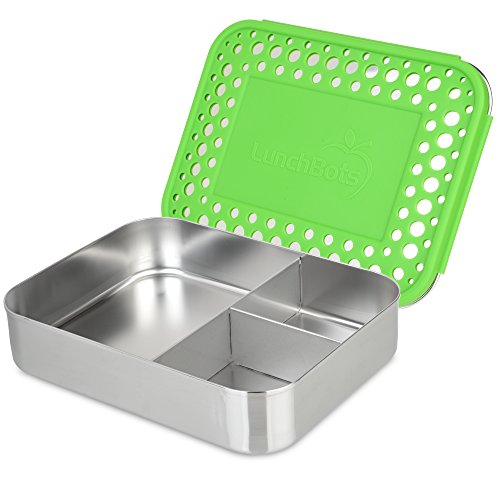 Product Cover LunchBots Large Trio Stainless Steel Lunch Container -Three Section Design for Sandwich and Two Sides - Metal Bento Lunch Box for Kids or Adults - Eco-Friendly - Stainless Lid - Green Dots