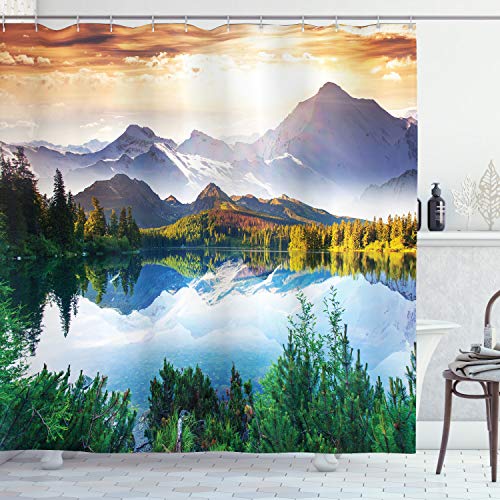 Product Cover Ambesonne Scenic Decor Collection, Mountain Lake View Sunny Day Nature Picture Art Paintings Effect Print, Polyester Fabric Bathroom Shower Curtain Set with Hooks, Green/Blue/Brown