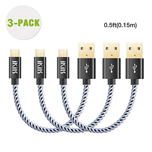 Product Cover iKits Short Micro USB Cable Nylon Braided High Speed Durable Sync and Charge Cord Compatible with 4K TV Sticks, S7, HTC, LG. Metal Plug & Mixed Color Cotton Jacket, USB 2.0 A Male to Micro B [3-Pack]