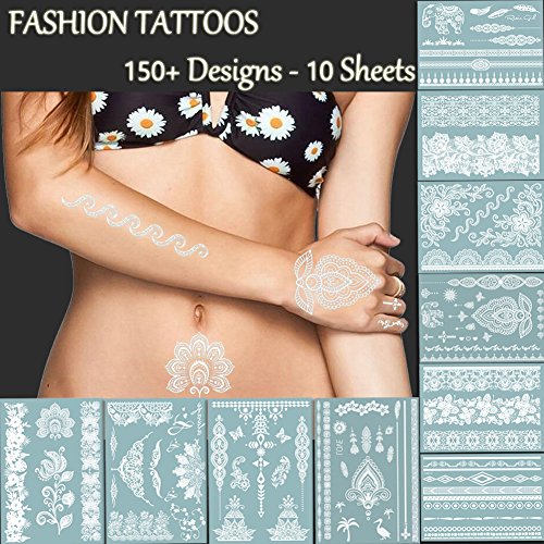 Product Cover TAFLY Premium White Lace Tattoos - 150+ Designs Temporary Fake Jewelry Tattoos - Bracelets, Feathers,Elephant,Wrist & Arm Bands Transfer Body Tattoos Sticker for Women
