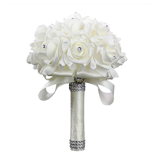 Product Cover StillCool Wedding Bouquets Crystal Pearl Silk Roses Bridal Bridesmaid Wedding Hand Bouquet Artificial Fake Flowers (18cm24cm, Creamy-White)