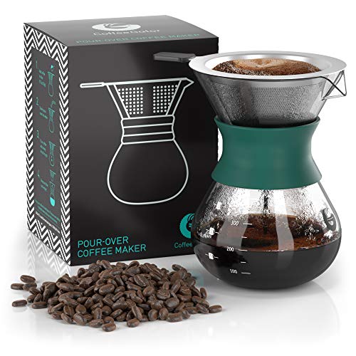 Product Cover Pour Over Coffee Dripper - Coffee Gator Paperless Pour Over Coffee Maker - Stainless Steel Filter and BPA-Free Glass Carafe - Flavor Unlocking Hand Drip Brewer - 10.5oz - Green