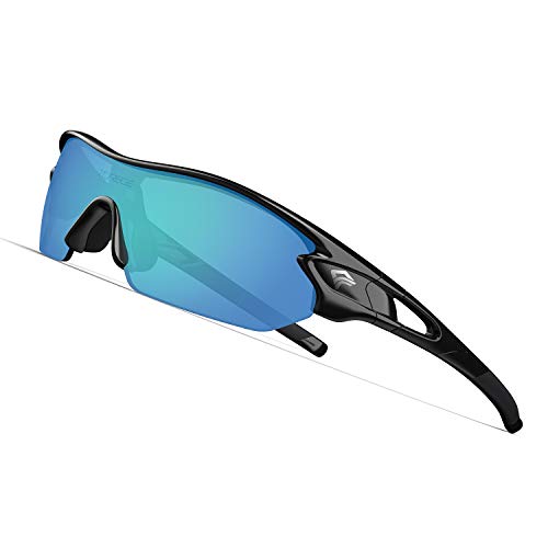Product Cover TOREGE Polarized Sports Sunglasses with 5 Interchangeable Lenes for Men Women Cycling Running Driving Fishing Golf Baseball Glasses TR002 (Black&Ice Blue Lens)