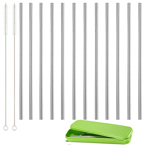 Product Cover Set of 12 Stainless Steel Straws, Reusable Metal Drinking Straws, Straight Straws + 2 Cleaning Brushes & Storage Box for 20 OZ Yeti RTIC Tumbler Rambler Cups(OD:0.24in)