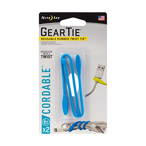 Product Cover Nite Ize Gear Tie Cordable, The Orginal Reusable Rubber Twist Tie with Stretch-Loop for Cord Management + Storage, 6-Inch, Bright Blue, 2 Pack, Made in The USA