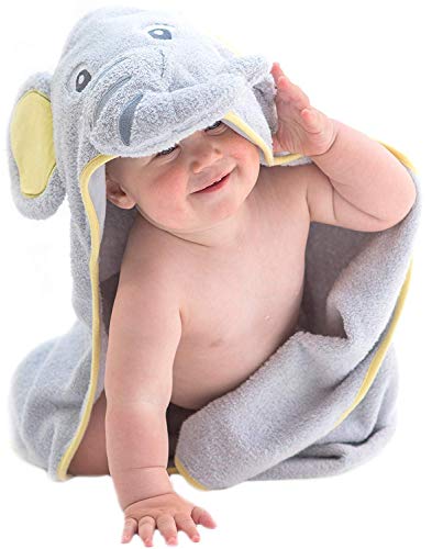Product Cover Hooded Baby Towel Gray Elephant by Little Tinkers World Natural Cotton Soft and Absorbent Bath Towels with Hood for Babies, Toddlers, Perfect Baby Shower Gift for Girls or Boys