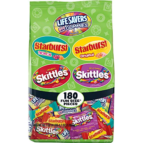 Product Cover SKITTLES, STARBURST, and LIFE SAVERS Gummies Halloween Candy Bag, 180 Count, Fun Size, 68.7 ounce