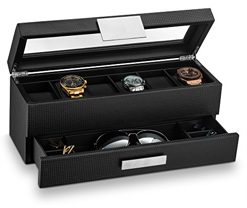 Product Cover Glenor Co Watch Box with Valet Drawer for Men - 6 Slot Luxury Watch Case Display Organizer, Carbon Fiber Design -Metal Buckle for Mens Jewelry Watches, Men's Storage Holder Boxes has a Large Glass Top