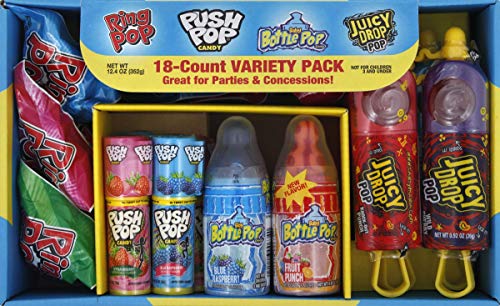 Product Cover Bazooka Candy Brands, Lollipop Variety Pack w/ Assorted Flavors of Ring Pop, Push Pop, Baby Bottle Pop, and Juicy Drop Pop (18 Piece Box)