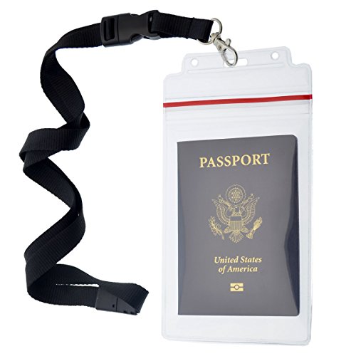 Product Cover Passport Holders - 2 Pack - Heavy Duty Water and Tear Resistant Sleeves with Ziplock & Premium Breakaway Lanyard - 4X6 Insert is Ideal for Cruise, Travel, and Beach Vacation Documents (Black)