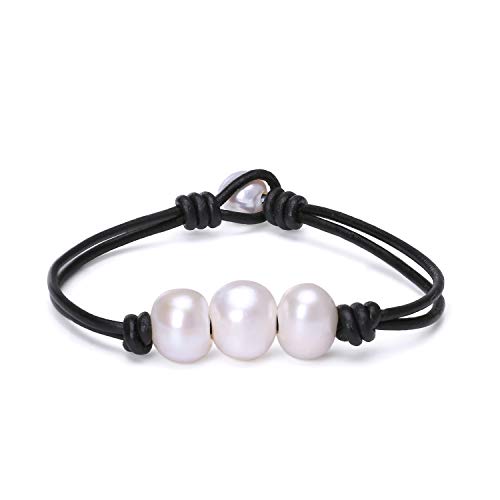 Product Cover Fashion Braided Leather Knotted Bracelet Handmade Pearls Jewelry for Lady Black 7.5