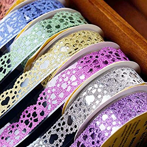 Product Cover Washi Tape,Lace Pattern Glitter Bling Self-adhesive Tape,Diamond Washi Tape Masking DIY Scrapbooking Lace Tape Sticker 6 Roll Color random