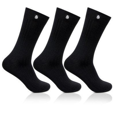 Product Cover Mens Cotton Black Crew Length 3 Pair Ribbed Socks