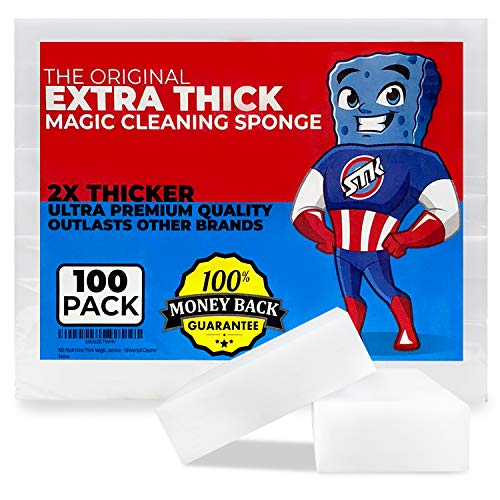 Product Cover 100 Pack Extra Thick Magic Cleaning Sponges - Eraser Sponge For All Surfaces - Double Thickness - Kitchen-Bathroom-Furniture-Leather-Car-Steel - Just Add Water - Melamine - Universal Cleaner
