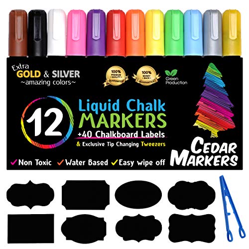 Product Cover Cedar Markers Liquid Chalk Markers - 12 Pack With Free 40 Chalkboard Labels - Neon Color Pens Including Gold And Silver Ink. Reversible Bullet And Chisel Tip And A Brand New Revolutionary Cap.