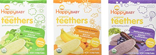 Product Cover Happy Baby Organic Teethers Gentle Teething Wafers 3 Flavor Sampler Bundle: (1) Pea & Spinach Teething Wafers, (1) Sweet Potato & Banana Wafers, and (1) Blueberry & Purple Carrot Wafers, 1.7 Oz. Ea.