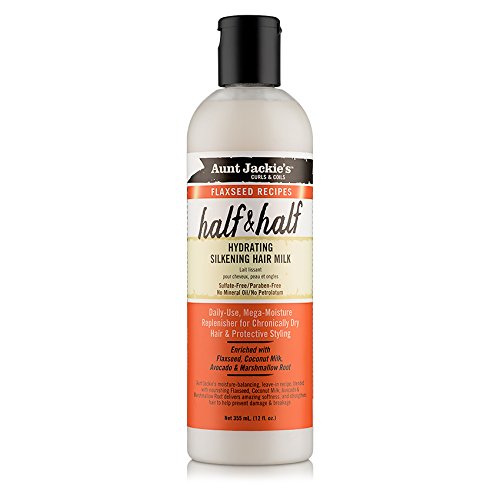 Product Cover Aunt Jackie's Flaxseed Recipes Half & Half, Hydrating Silkening Hair Milk, For Daily Use, Enriched with Flaxseed, Coconet, Jojoba Oil, Shea Butter, Grapeseed and Ginseng, 12 Ounce Spray Bottle