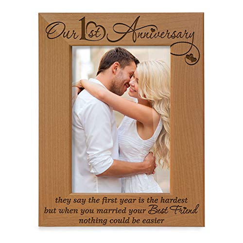Product Cover KATE POSH - Our First (1st) Anniversary Engraved Natural Wood Picture Frame - They say The 1st Year is The Hardest, but When You Married Your Best Friend, Nothing Could be Easier (5x7 Vertical)