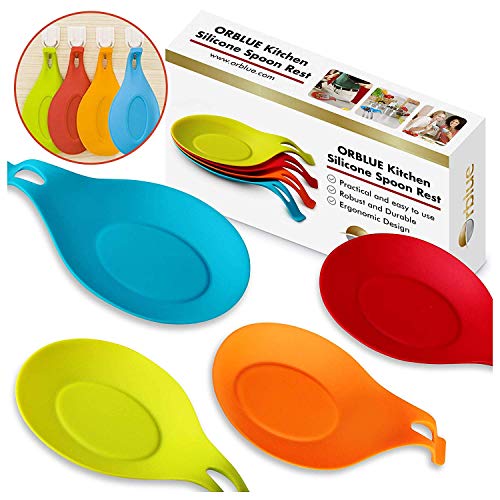 Product Cover ORBLUE Kitchen Silicone Spoon Rest, Flexible Almond-Shaped Silicone Kitchen Spoon Holder, Cooking Utensil Rest Ladle Spoon Holder 4-Pack, Vibrant Colors