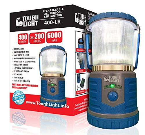 Product Cover Tough Light LED Rechargeable Lantern - 200 Hours of Light from a Single Charge, Longest Lasting on Amazon! Camping and Emergency Light with Phone Charger - 2 Year Warranty (Blue)
