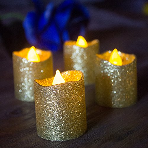 Product Cover LOGUIDE 12pcs Gold Glitter Votive Candle Battery Powered Flameless LED Wedding Tealight Candle Xmas Christmas Celebrate Party Celebration