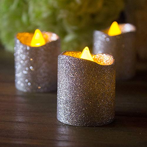 Product Cover Flameless Votive Tealights Candle, Battery Operated LED Tea Lights with Silver Glitter Flickering Bulb Light,Pack of 12,Small Electric Fake Tea Candle Realistic for Wedding, Table,Outdoor,Celebration