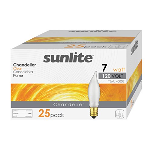 Product Cover Sunlite 7CFC/25/25PK Flame Tip 7W Incandescent Petite Chandelier Light Bulb, Candelabra (E12) Base, Crystal Clear Bulb (25 Pack)