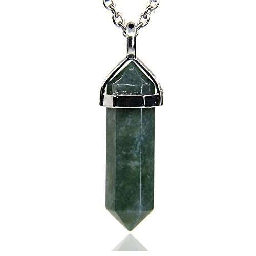 Product Cover Moss Agate Gemstone Hexagonal Pointed Reiki Chakra Pendant Necklace 20