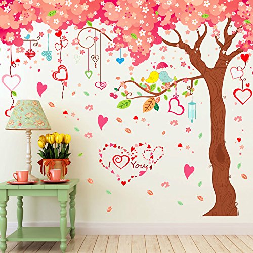 Product Cover Amaonm Giant Huge Pink Cherry Tree Wall Decals Cute Cartoon Removable Large Tree Lovely Heart Shape Wall Sticker Peel Stick for Kids Girls Bedroom Livingroom TV Background