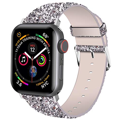Product Cover iiteeology Compatible with Apple Watch Band 38mm 40mm 42mm 44mm, Christmas Sparkly 3D Glitter Bling Leather iWatch Band for Apple Watch Series 5/4/3/2/1 Women Girls (Silver, 38mm)