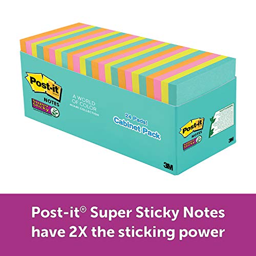 Product Cover Post-it Super Sticky Notes, Miami Colors, Sticks and Resticks, Great for Reminders, Large Pack, 3 in. x 3 in, 24 Pads/Pack, 70 Sheets/Pad (654-24SSMIA-CP)