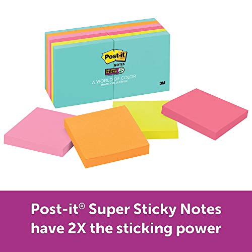 Product Cover Post-it Super Sticky Notes, Blue, Pink, Green, Orange, Sticks and Resticks, Great for Windows, Doors and Walls, 3 in. x 3 in, 12 Pads/Pack, 90 Sheets/Pad (654-12SSMIA)