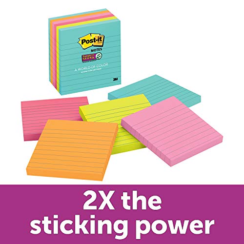 Product Cover Post-it Super Sticky Notes, Miami Colors, 2X the Sticking Power, Great for Reminders, 67% Plant-Based Adhesive by Weight, 4 in. x 4 in, 6 Pads/Pack, (675-6SSMIA)