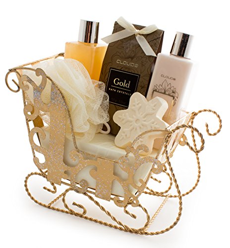 Product Cover BRUBAKER 6 Pcs Gift Set 'Vanilla' Beauty Spa Set With Golden Sled, Bath Fizzer, Shower Gel, Body Lotion, Bath Crystals, Sponge